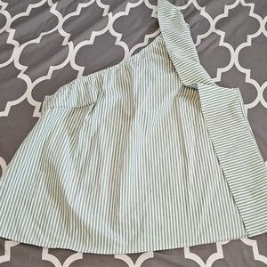 SHEIN Mint Green Striped One-Shoulder Crop Top